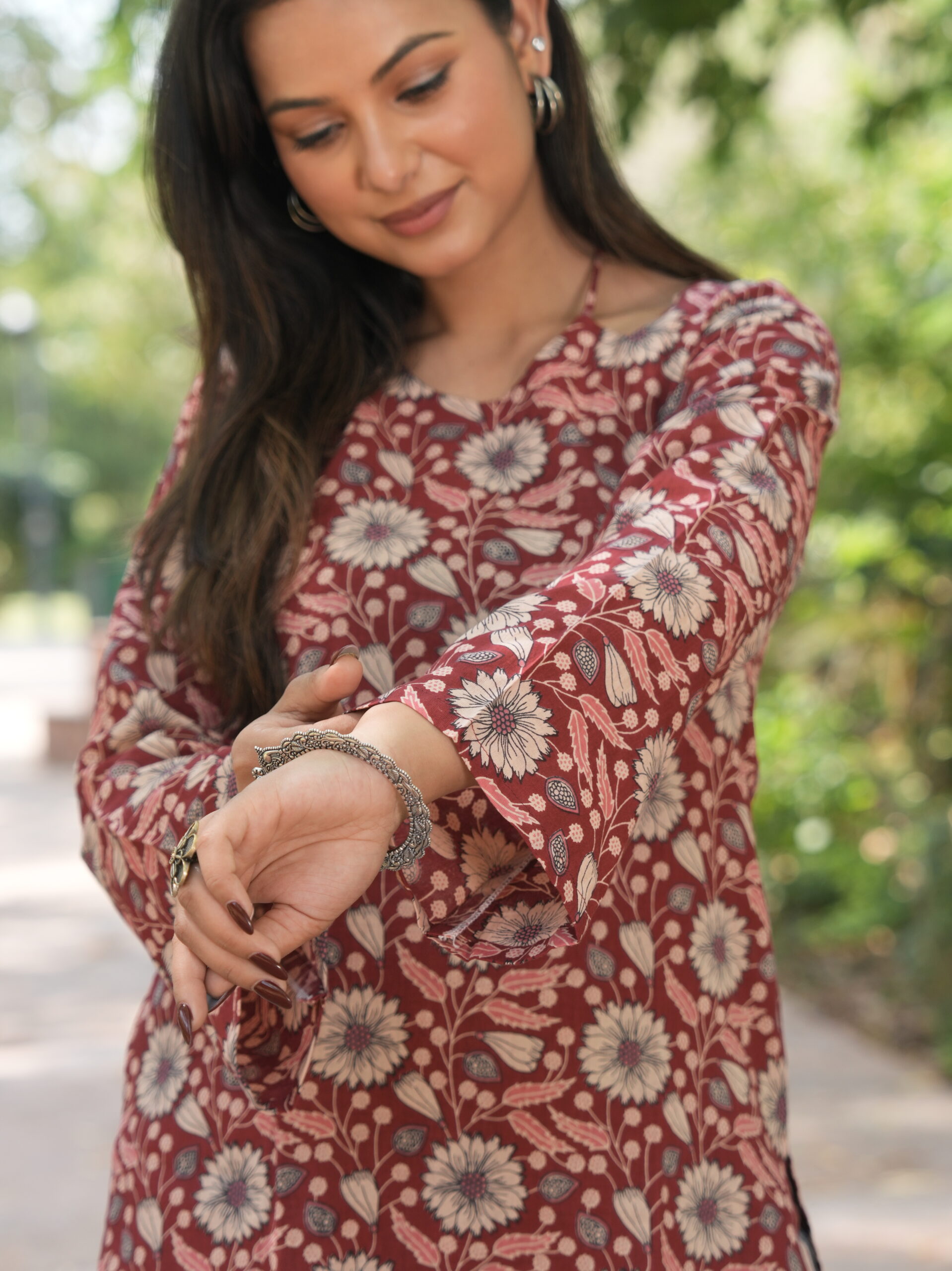 Rust Blossom Tie-Up Neck Short Kurti - Image 4