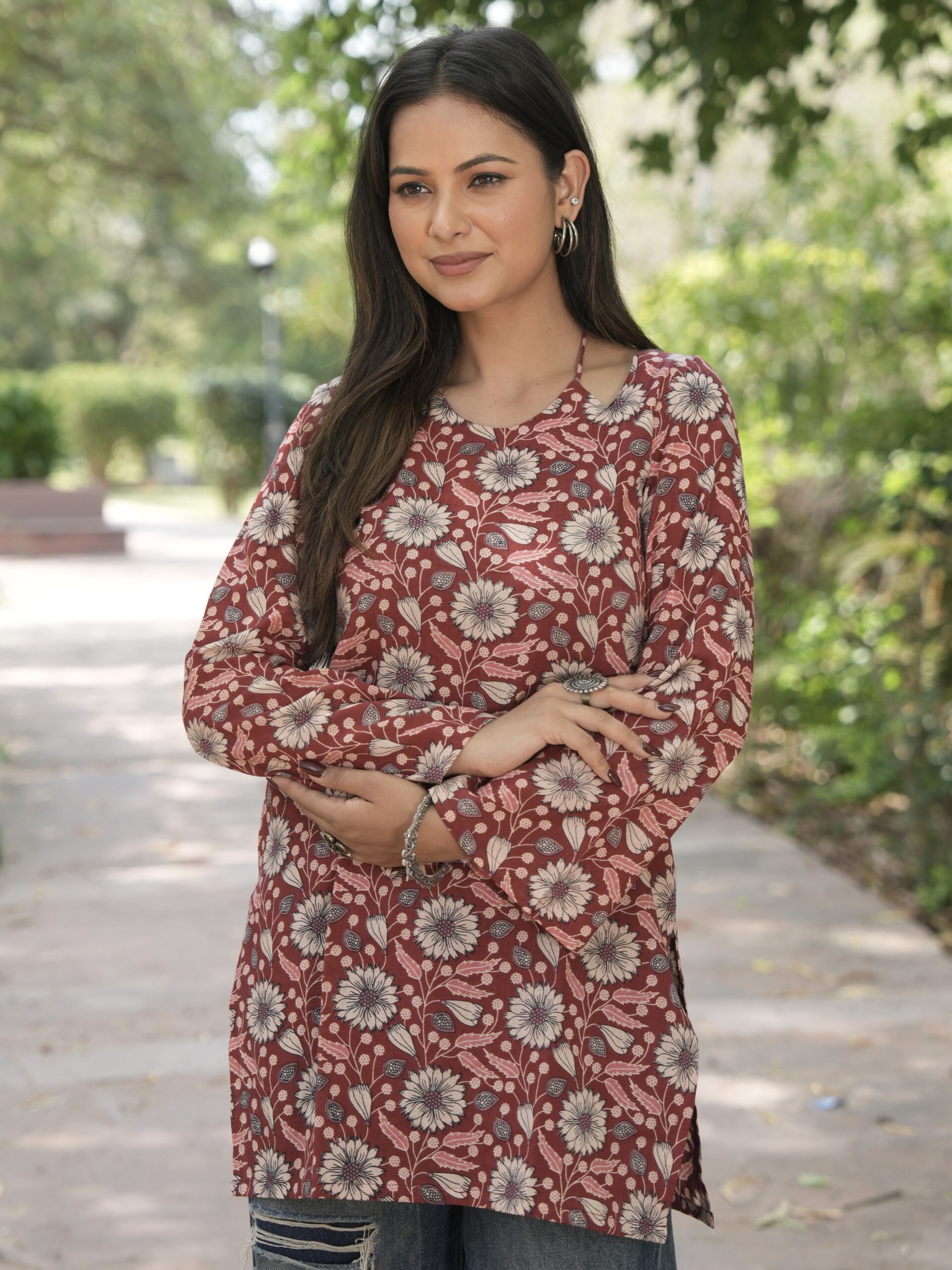 Rust Blossom Tie-Up Neck Short Kurti