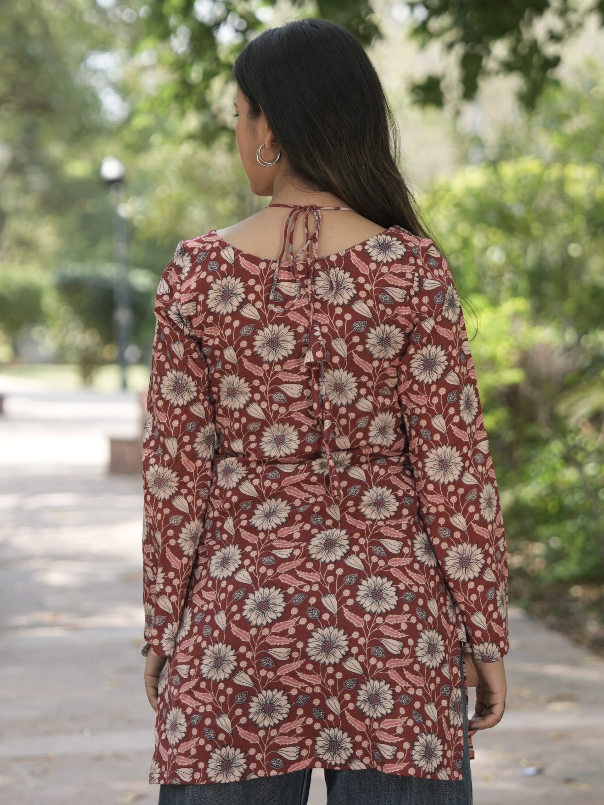 Rust Blossom Tie-Up Neck Short Kurti - Image 5